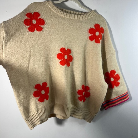 Womens Easel Flower Power Retro Oversized Sweater Tan Orange S - Picture 3 of 13
